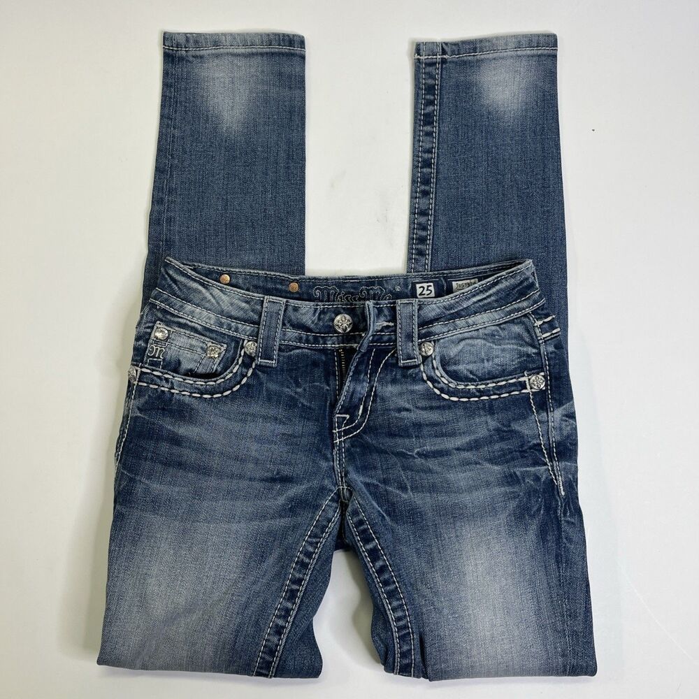 Miss Me Jeans Women’s 25x31 Skinny Mid Rise Blue Denim Rhinestone